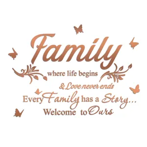 Acrylic mirror wall sticker with family inspirational quotes and butterfly decals for home decor.