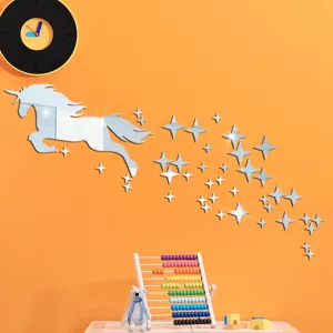 Detail view of the acrylic mirror unicorn and star wall stickers showing glossy surface.