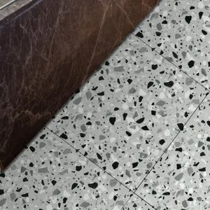 Close-up detail of grey terrazzo floor tile sticker, self-adhesive waterproof PVC material.