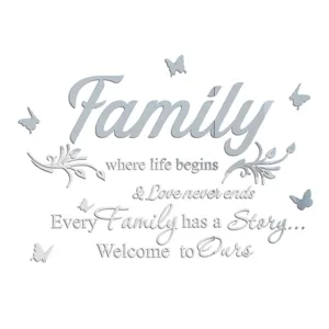 Acrylic mirror wall sticker with family quotes and butterfly decor for home living room decor.