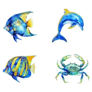 Metal marine animal wall hanging decor, watercolor blue fish dolphin crab set for home room.