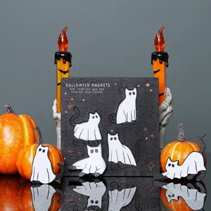 Wooden Halloween ghost cat magnetic fridge stickers set, cute holiday kitchen decor items.