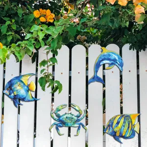 Metal ocean animal wall art decor, cute dolphin crab fish iron hanging ornaments for home.