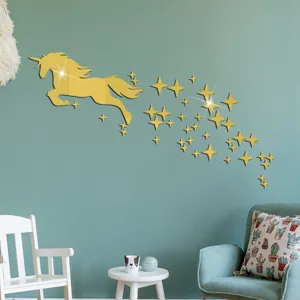 Unicorn DIY mirror acrylic wall sticker gold stars for kids room kindergarten home decor