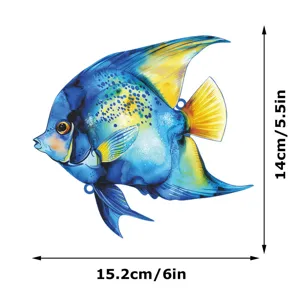 Blue yellow angelfish metal wall art decor, ocean animal hanging ornament for home room decor.