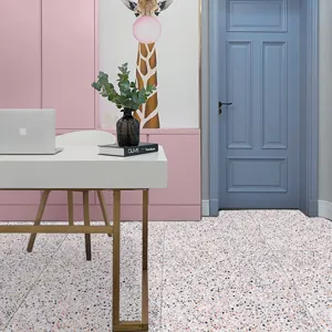 Terrazzo floor sticker detail showcasing pink multicolored tile pattern in modern interior.