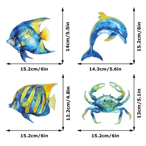 Metal ocean animal wall hanging set including dolphin, crab, and fish with dimensions.