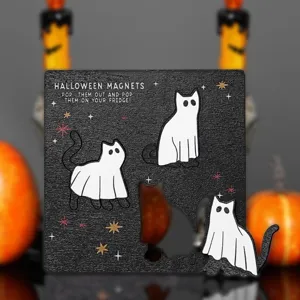 Halloween wooden magnetic fridge sticker featuring cute ghost cats design for holiday decor.