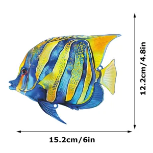 Detailed view of metal tropical fish wall decor with dimensions, blue and yellow art.