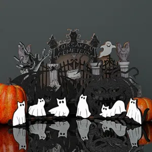 Halloween wooden ghost cats decoration set with cemetery backdrop and pumpkins for holiday party.