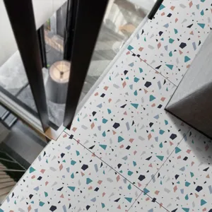 Self-adhesive terrazzo floor tile sticker, waterproof PVC decorative wall covering for home decor.