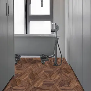 3D hexagonal wood grain self-adhesive floor tile sticker, non-slip vinyl home decor.