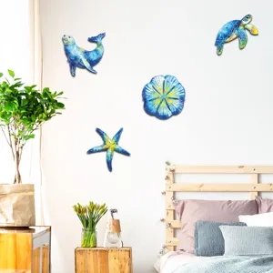 Detail view of marine metal wall art hanging, showcasing ocean animals decor for home interior.