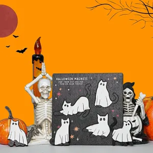 Halloween wooden magnetic fridge magnets featuring cute ghost cat designs for kitchen holiday decor.