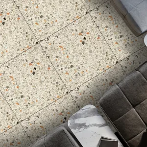 Detailed view of thick terrazzo self-adhesive floor sticker, elegant stone pattern tile design.