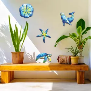 Metal ocean wall art detail, coastal style marine animal decor for indoor wall design.