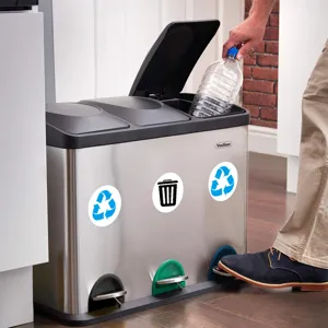Pattumiera per raccolta differenziata in acciaio inossidabile a 3 scomparti con pedali e adesivi.