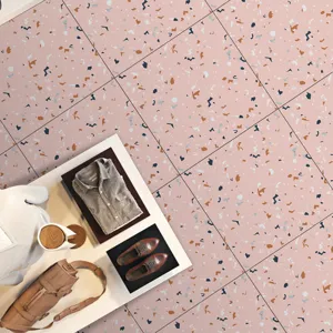 Pink terrazzo self-adhesive tile sticker detail view, waterproof non-slip floor decor film.
