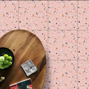 Detailed view of pink terrazzo tile sticker, self-adhesive waterproof wall and floor decor.