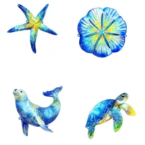 Detailed view of metal ocean animal wall hanging featuring starfish, seal and turtle decor.