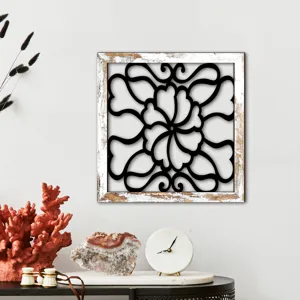 Wooden hollow wall decor mural with distressed frame and black floral art for home