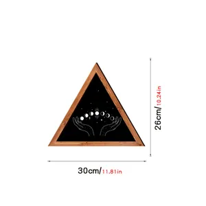 Wooden triangle wall art with moon phase design, perfect geometric home decor for room.