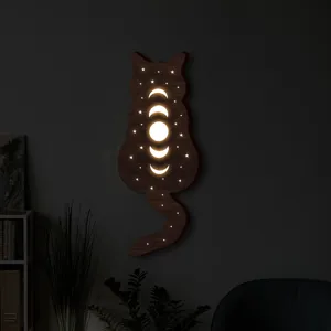 Lampada da parete per gatti in legno in stile nordico con luce notturna LED fasi lunari.
