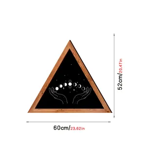 Wooden framed triangular wall art featuring a mystical moon phases design for home decor.
