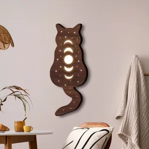 Luce Notturna da Parete LED Gatto in Legno Bohemien Luna Stella Intaglio Decorazione Sospesa