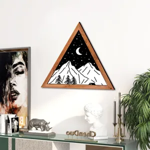 Nordic wooden triangular wall art with geometric night mountain scenery for home decor.