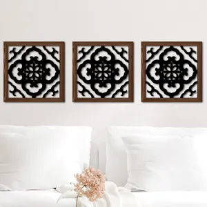 Wooden framed wall art set with black hollow pattern for bedroom living room home decor.