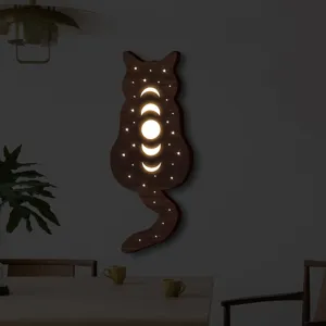 Applique murale gatto in legno nordico con fasi lunari LED luce notturna decorazione murale
