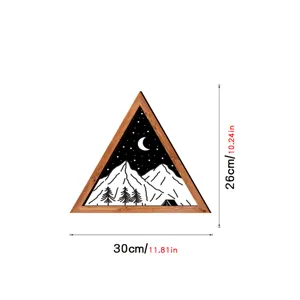Nordic triangular wooden wall art painting with mountain and moon camping design for decor.