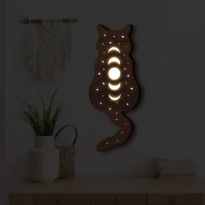Luce notturna da parete LED gatto in legno, decorazione murale nordica boho fase lunare per stanza.