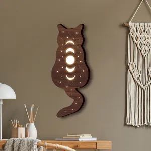 Luce Notturna Da Parete In Legno Gatto LED Decorazione Sospesa Boho Fase Lunare Camera
