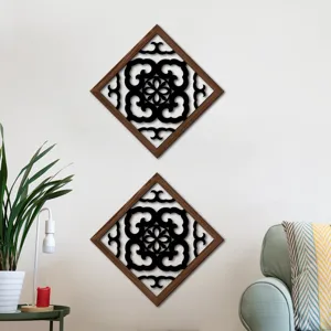 Wooden hollow wall art decor, diamond shaped wood grain mural for living room and bedroom.