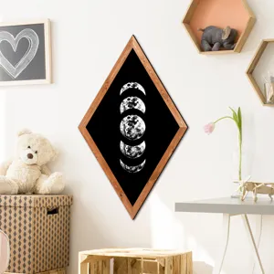 Diamond-shaped wooden framed wall art featuring moon phases on black background, nordic decor.
