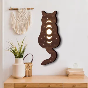 Luce notturna LED gatto in legno stile nordico decorazione murale con fasi lunari design.