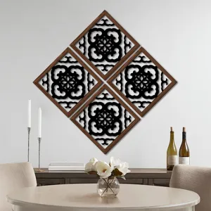 Detailed scene of wooden hollow UV printed wall decor panels arranged in diamond shape for indoor decor.