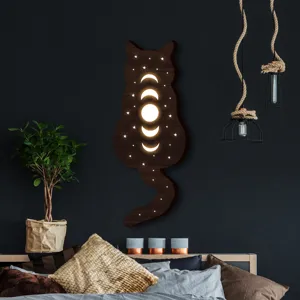 Applique da parete per gatti in legno boho con luce notturna LED fasi lunari accogliente.