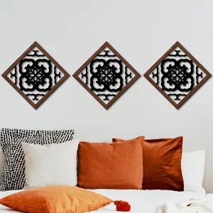 Wood hollow wall art detail, modern geometric carved mural for home bedroom decoration scene.
