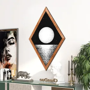 Nordic diamond wooden wall art painting detail scene showing abstract black white moon design.