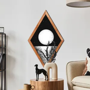 Nordic geometric diamond wooden framed wall art abstract moon star painting for home decor
