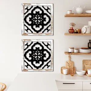 Wooden Cutout Wall Art Set Distressed White Frame Geometric Pattern Home Decor Mural