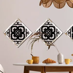 Wooden hollow wall decor, vintage diamond shaped hanging art, rustic home interior decoration.