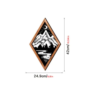 Nordic wooden framed rhombus wall art, black and white mountain scenery decor, 42x24.9cm.