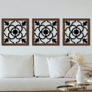 Wooden Hollow Wall Decor Set of 3 UV Printed Geometric Floral Art Panels for Living Room