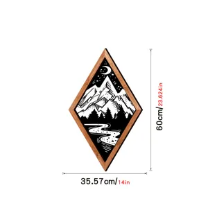 Diamond shaped wooden frame wall art detail with mountain graphic and size dimension.