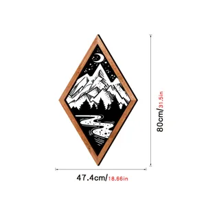 Diamond shaped wood framed wall art detail showing scenic mountain and river pattern clearly.