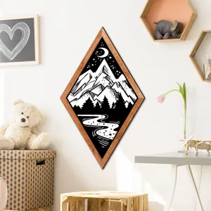 Nordic wooden framed diamond wall art, black and white mountain forest painting for home decor.